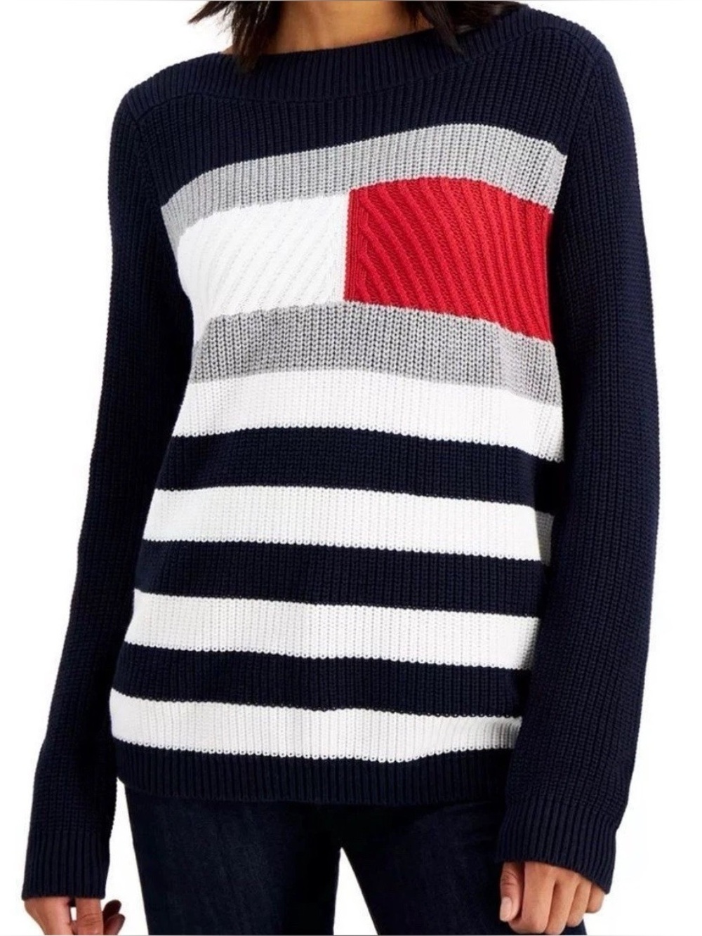 Tommy Hilfiger Flag Sweater Small Navy Blue Wh Red Crew Neck Americana heritage